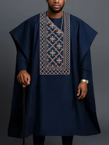 Men's Agbada Set 3 Piece, Round Neck, Embroidered, Button Front, Long Sleeve, Pockets, Robe Hem Slit Top + Drawstring Waist Pants