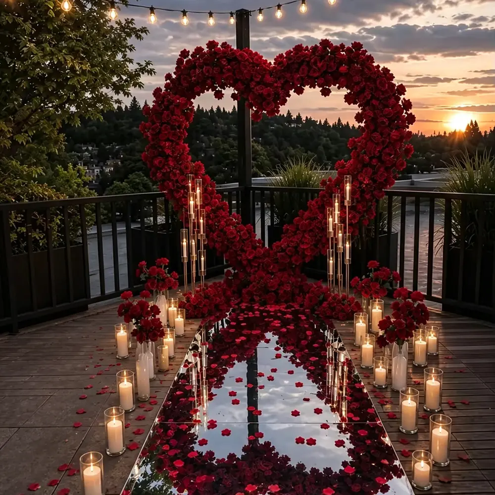 Wedding Flower Arch Backdrop with Realistic Red Faux flower Heart Shaped Ceremony Arch for Wedding Proposal Engagement Party Decor Reusable Romantic Event Decoration Photo Booth Bridal Shower background decoration Reception Luxury Display