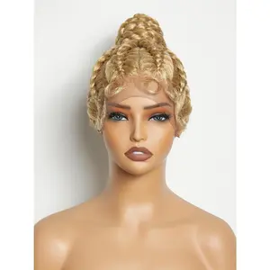 Blonde Updo Braided Wigs Cornrow Braiding High Ponytail Bun Wig Pre Handmade Synthetic Lace Front Wig with  Hair  Hairline Braids Wig For Women