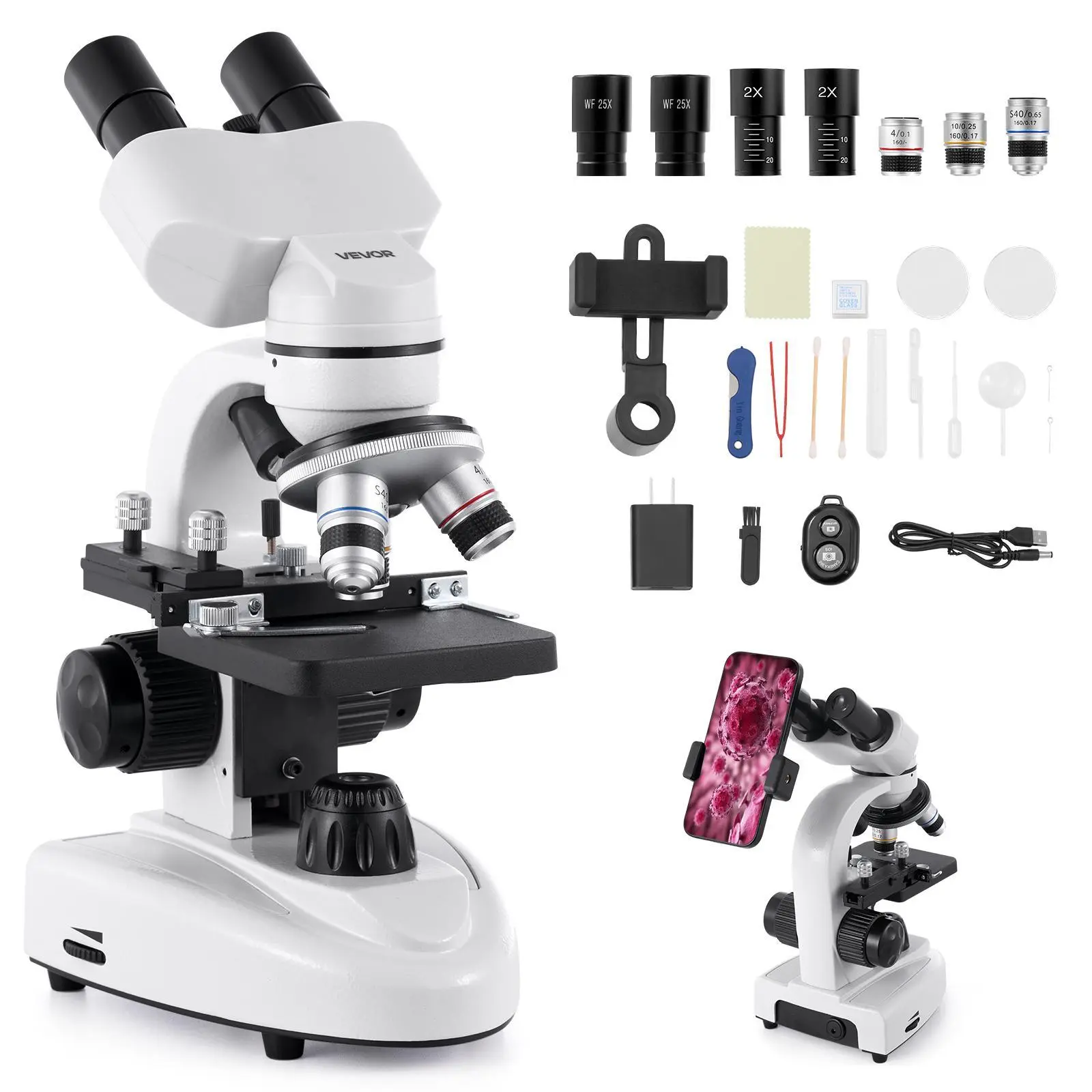 【summerfinds】VEVOR Professional Compound Binocular Microscope, 40x-2000x Range High Mag Zoom, 4x/10x/40x Lenses, LED Light, Adjustable Phone Holder Adapter Kit, Aluminum Alloy Body for Adults, Classroom Teaching, 360° Rotatable Design, After-School Experi