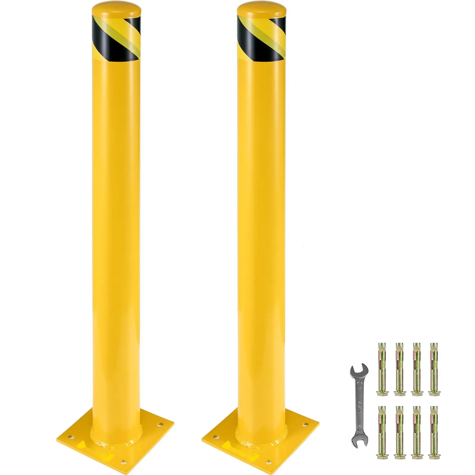 Safety Bollard, 48-Inch Height Bollard Post, 4.5-Inch Diameter Steel Pipe Bollard Post, Yellow Steel Bollard, Heavy-Duty Steel Safety Bollard With 8 Anchor Bolts, Suitable For Traffic-Sensitive Areas, Parking And Outdoor Use