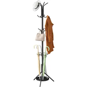 Freestanding coat rack, Entryway hanger stand, Umbrella holder, Hall tree with 12 hooks, Floor standing metal tree stand, Black