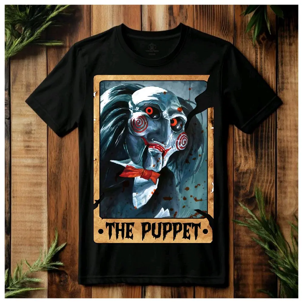 Puppet Tarot Tee Unisex Black T-Shirt with Graphic Design, Featuring Puppet Illustration and "THE PUPPET" Text,  Tshirt Streetwear
