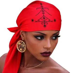 Mouchwa Lwa Vèvè Ogou Feray  90cm*90cm Satin Headscarf Red with Black Embroidery Vodou Elegance Inspired Design for Versatile Use