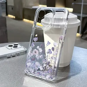 Lilac Purple Flower Pattern Case for iPhone 16 15 14 Pro Max 13 12 11 XR XS Plus Non-Yellowing Clear Crystal Drop-proof slim Silicone Cover