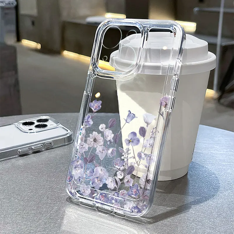 Lilac Purple Flower Pattern Case for iPhone 17 16 15 14 Pro Max 13 12 11 XR XS Plus Non-Yellowing Clear Crystal Drop-proof slim Silicone Cover