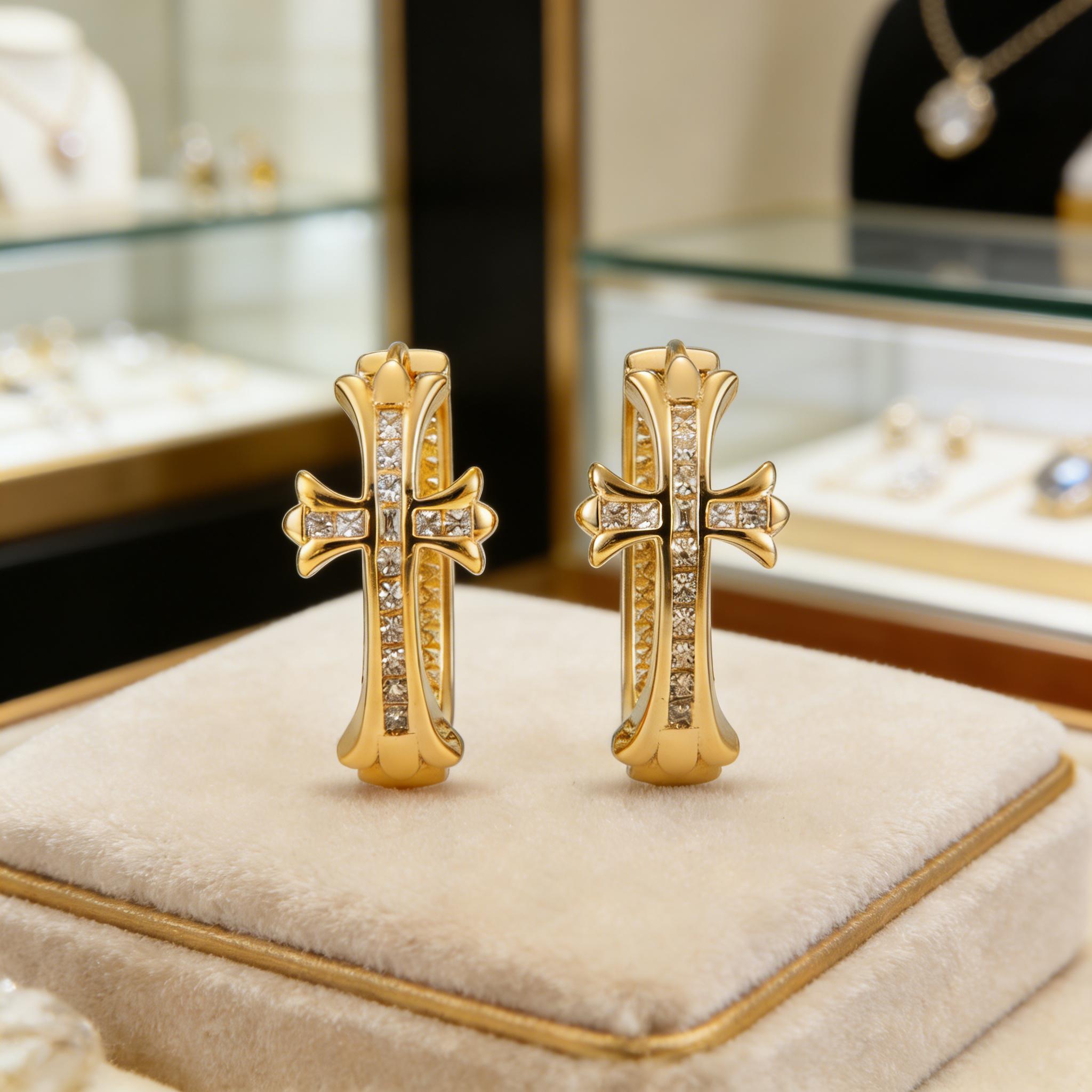 Women's Cross Ring Earrings, 14K Gold Plated Zircon Religious Cross Earrings, French Retro Hypoallergenic Circle Dangle Earrings