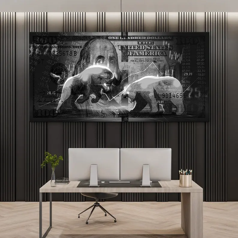 Wall Street Bull And Bear Art Print Office Decor Trader 100 Dollar Bill Money Sign Investing Stock Market Artwork Trading Printable