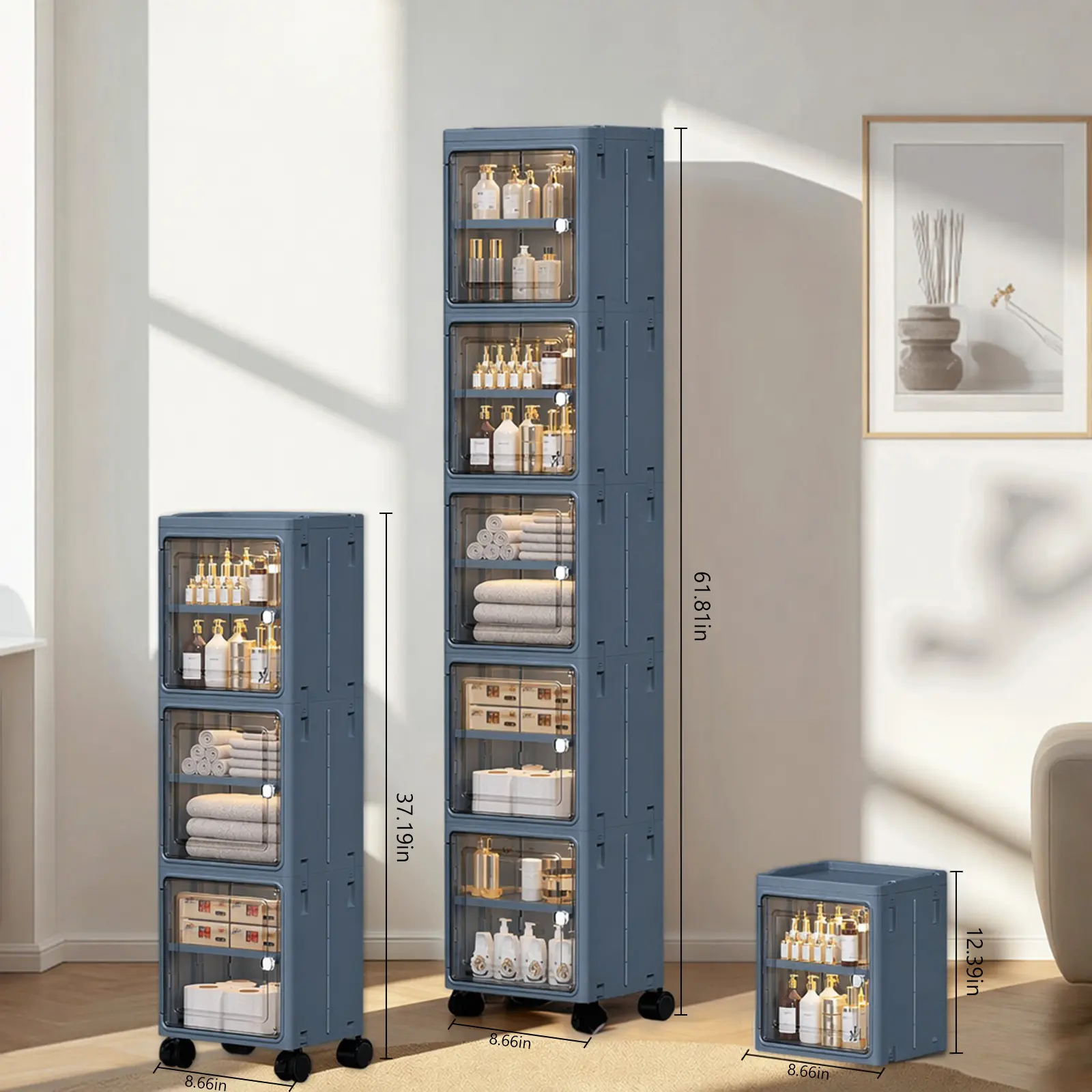 Foldable Slim Storage Cabinet With Universal Wheels Magnetic Door Multilayer Dustproof Mobile Narrow Space Organizer For Home Kitchen Bathroom