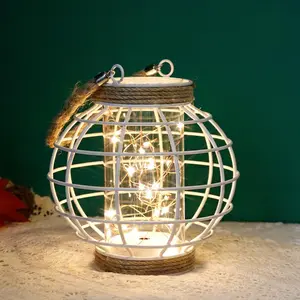 Metal Cage LED Lantern  ,7.3" Tall Cordless Accent Light with 20 count Fairy Lights. for Weddings, Parties, Patio, Events for Indoors/Outdoors(White)