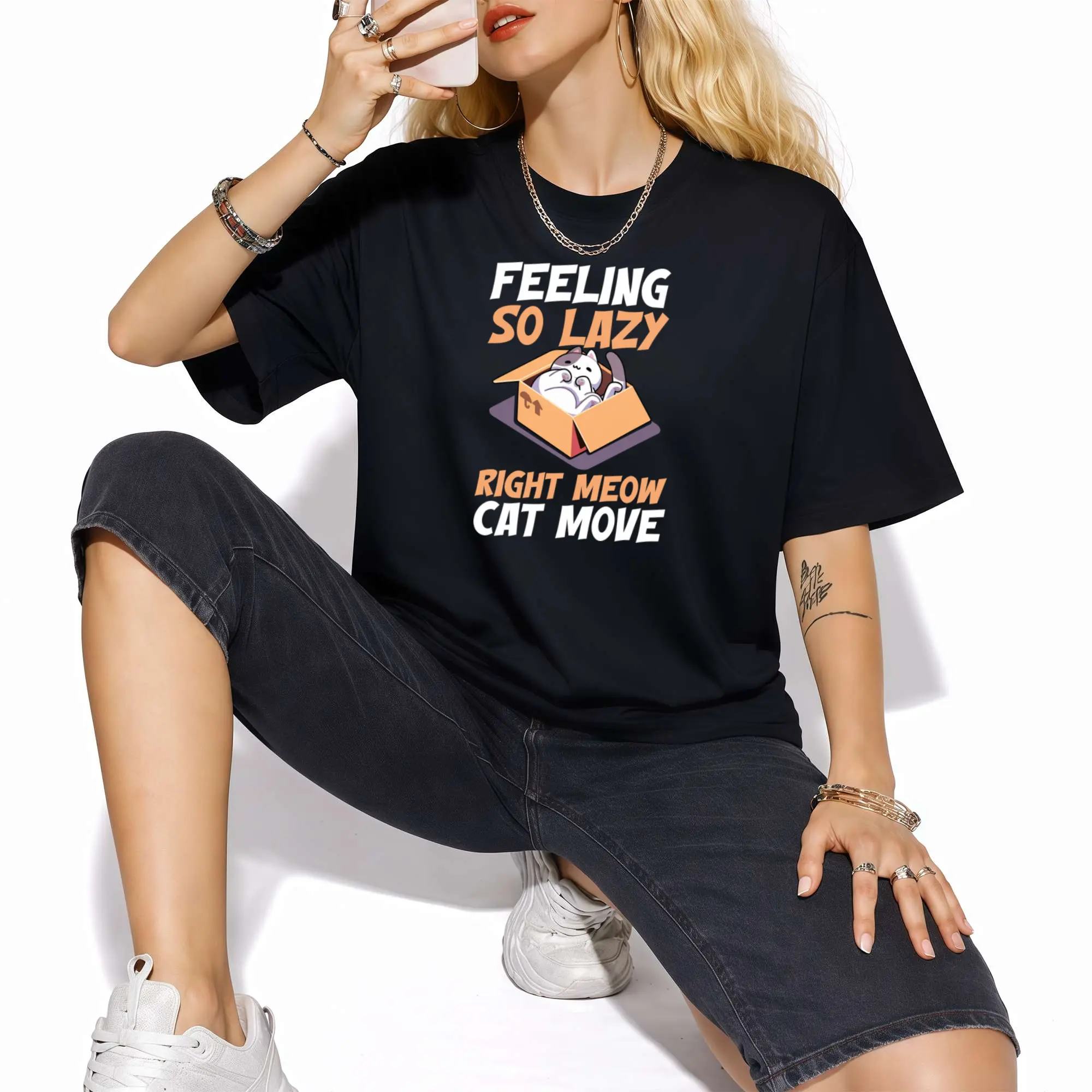 Women'S Funny Cat Lover T-Shirt - Feeling So Lazy Right Meow | Graphic Tee with Sleeping Kitty Box Design - Soft Heavyweight Shirt- Relaxed Fit Crewneck for Everyday & PJ Parties - Same Style for Men and Women 2026 Summer Short-Sleeved Print