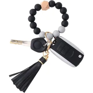 Silicone Beaded Bracelet Keychain Wristlet Key Ring Bangle Chains for Women with Leather Tassel