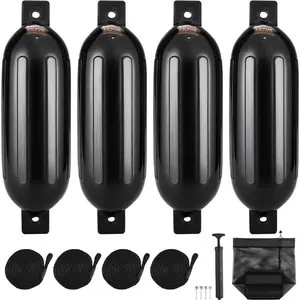 VEVOR Boat Fenders, 5.5x 20 Boat Bumpers for Docking, Inflatable Ribbed Fender with Center Holes, Marine Boat Dock Fender Bumper with Air Pump, 4 Needles and 4 Ropes and Storage Bag, Black