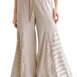 Smoke Show! Boho Lace Patchwork Wide-Leg High Waist Pants - Flattering Fit & Romantic Lace Detailing for Festivals & Brunches