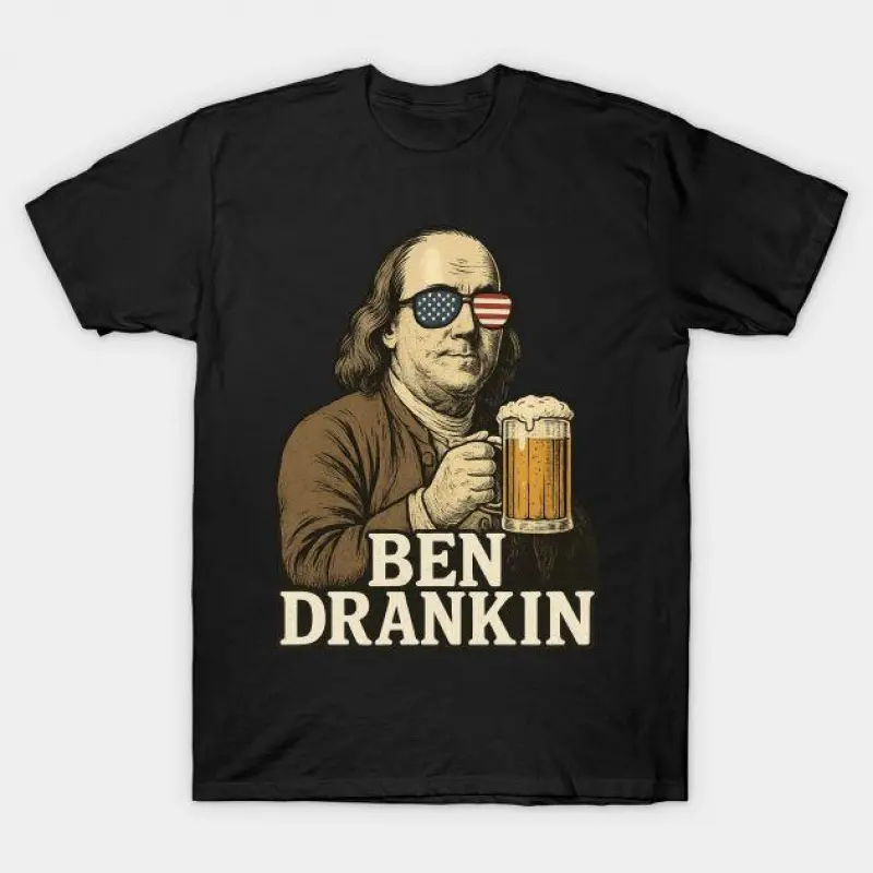 Women's 4th of July Round Neck Graphic Tee, Funny Ben Drankin Patriotic 100% Cotton Fitted Short-Sleeve Casual Top, Crew Neck