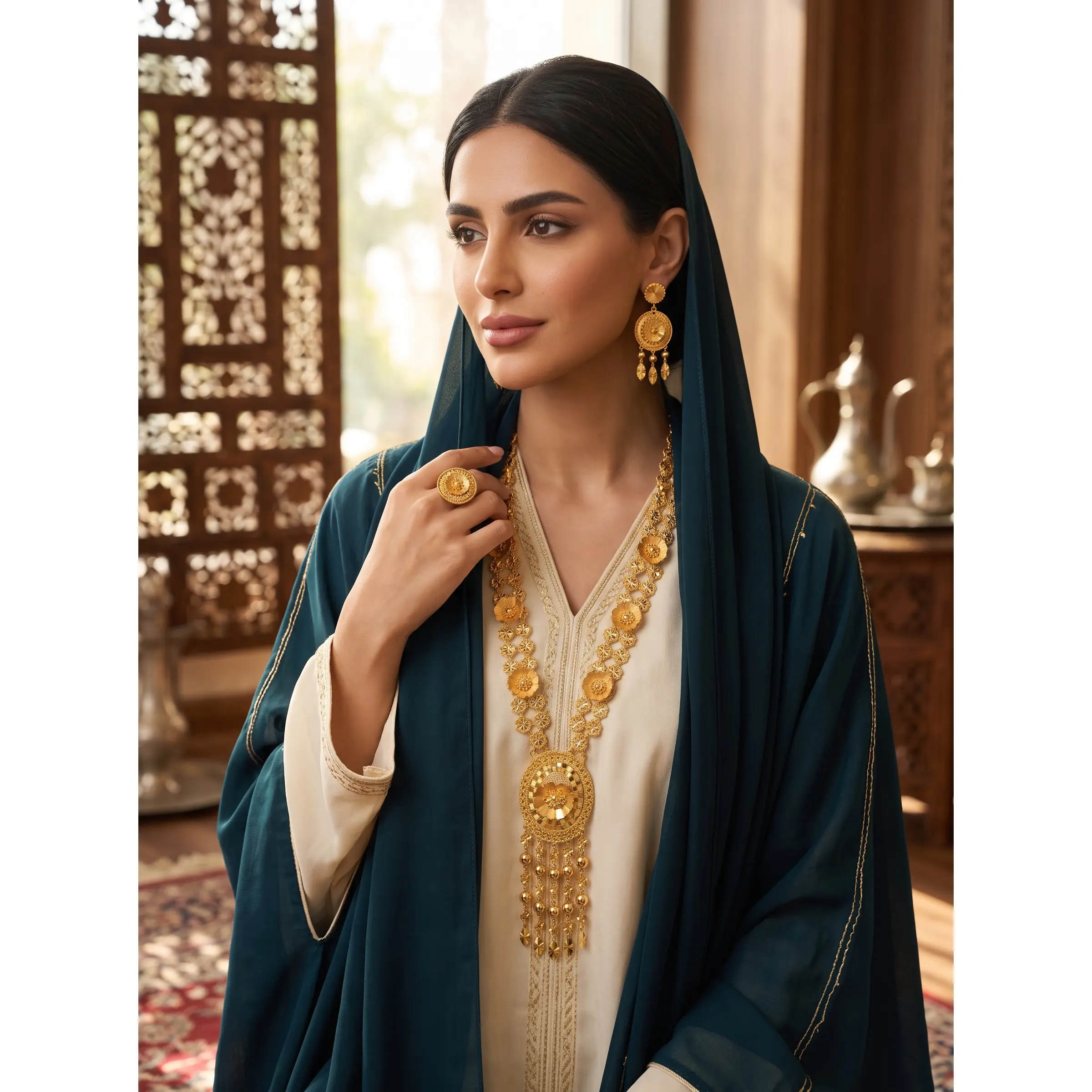 Vintage 24K Gold Plated Floral Statement necklace Set with Earrings | Traditional Afghan, Pakistani, Indian & Middle Eastern Jewelry