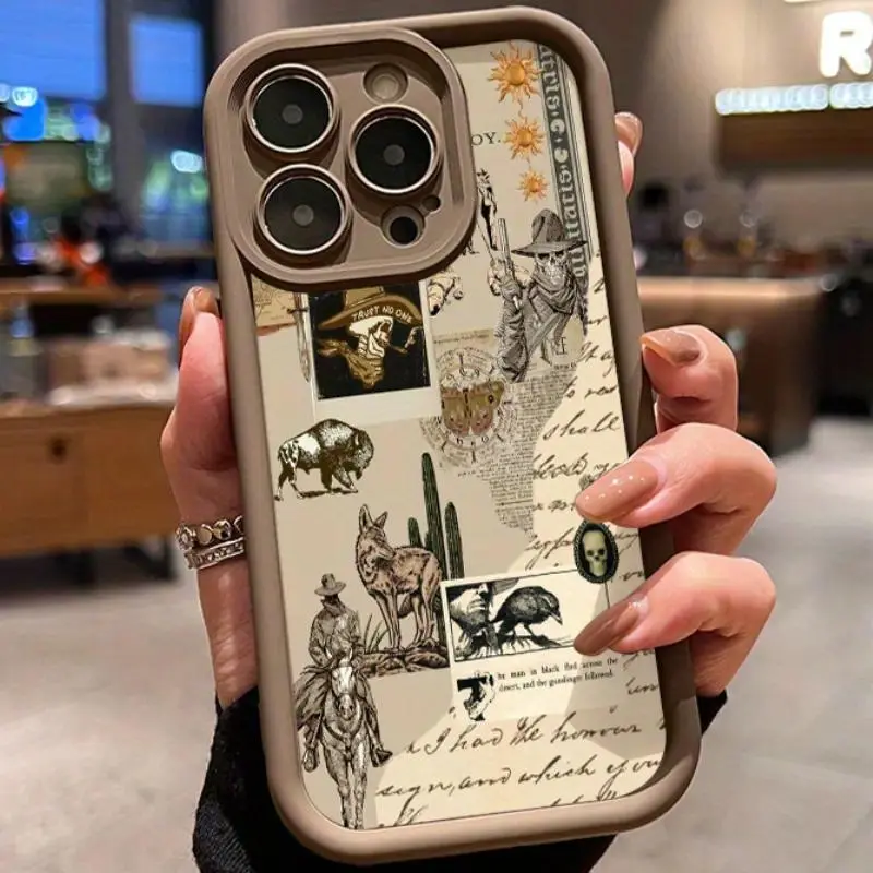 Soft Silicone Smartphone Case - Western Cowboy Collage Pattern, 1.2mm Durable Rugged Shockproof Anti-Scratch Accessory for Multi-Model iPhone 11/12/13/14/15/16/17 Pro, ProMax, Plus, Air, Accessories, Iphone11