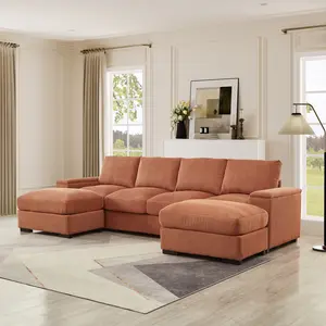 122" U-Shaped Sectional Sofa with Movable Ottomans | Modular Couch with Arm Storage, Solid Wood Frame, Corduroy Fabric | 4-Seat Sofa with High-Density Sponge Cushions | Living Room Apartment Furniture | Ships in 3 Boxes