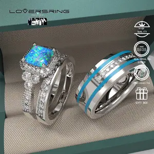 Wedding Ring Sets His And Hers Promise Ring Wedding Ring Sets His And Hers Couples Women 925 Sterling Silver Square Cut Opal Moissanite Man  Wedding Band
