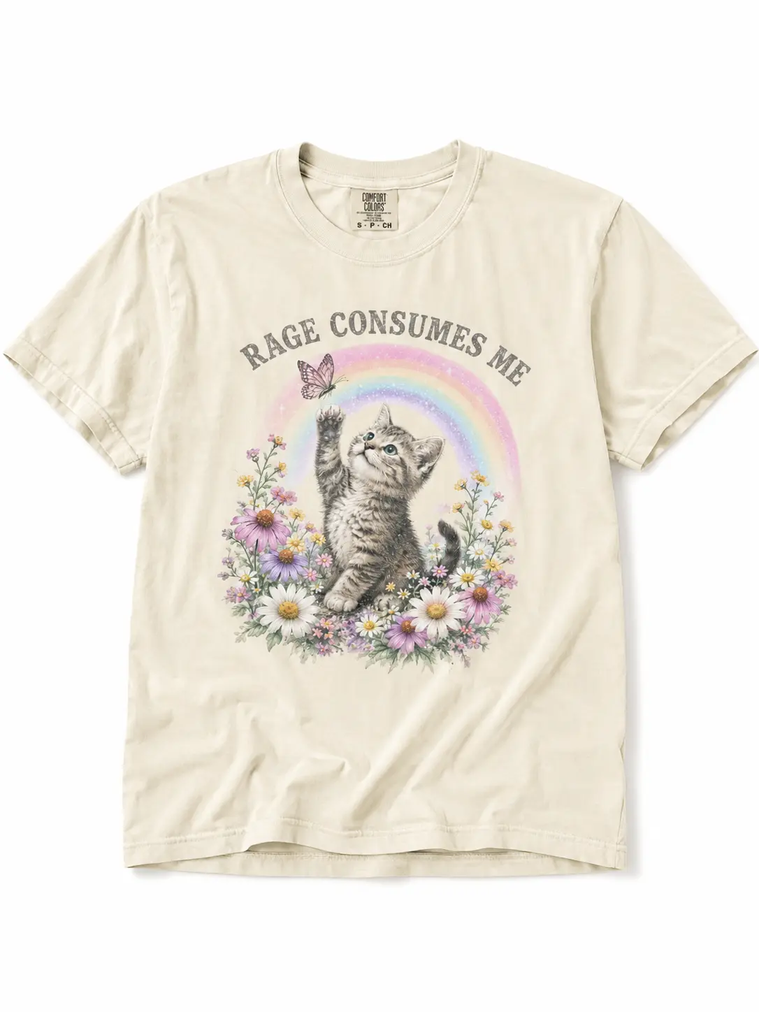 Women's Comfort Colors Casual Cotton Crew Neck Graphic T-Shirt - Vintage "Rage Consumes Me" Funny Floral Kitten Rainbow Ironic Meme Sarcastic Mental Health Gift, Fashion Top by TrendWear USA, High-Quality Inks, Machine Washable, Short, Street, Unisex