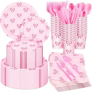 175 Pcs Pink Bow Party Supplies, Coquette Paper Plates Napkins Cups Plastic Spoons Fork Knives Disposable Girl Bow Theme Tableware for Girl Bachelorette Bridal  Shower Birthday, Serves 25 Guests