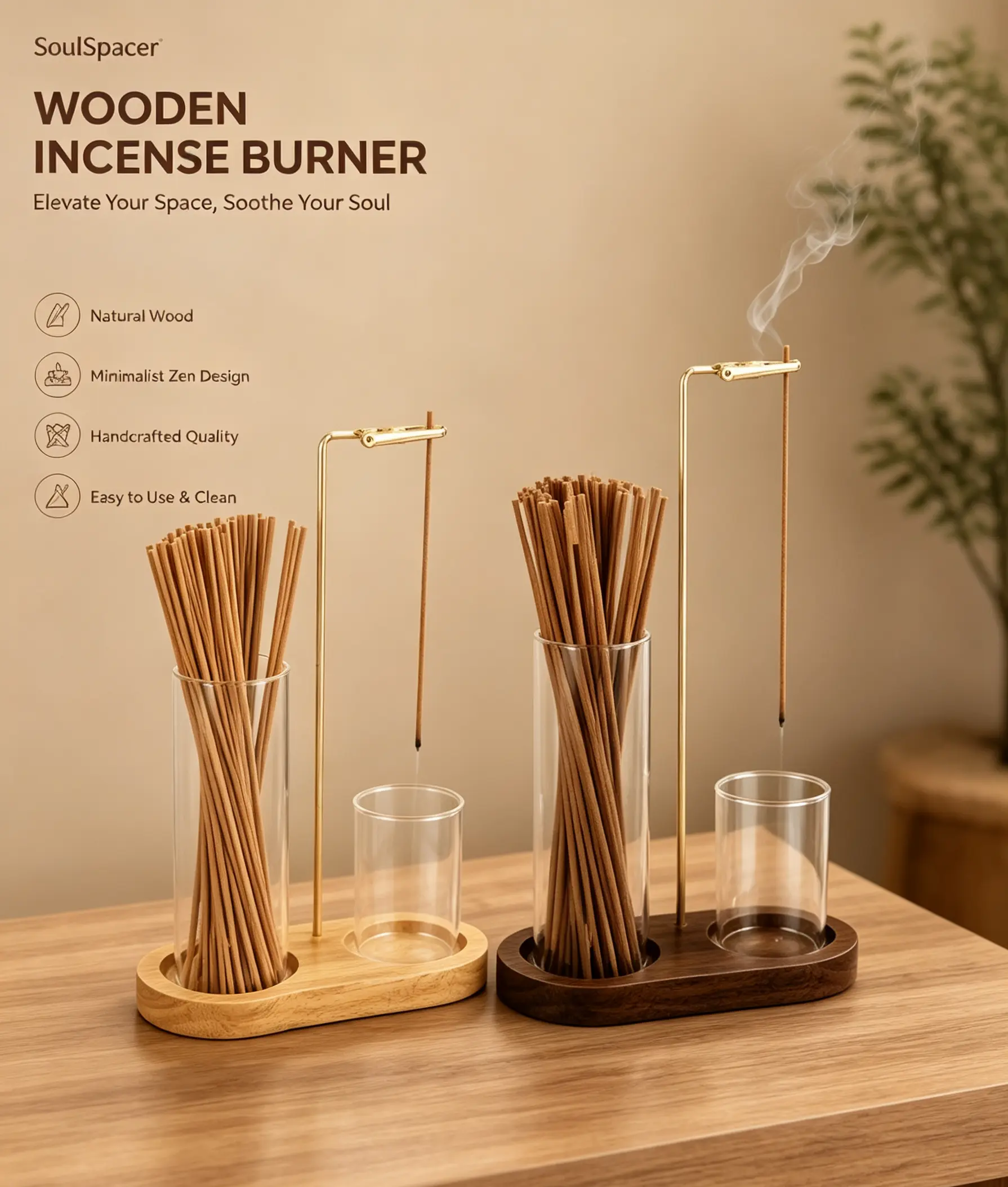 SoulSpacer 2-in-1 Scented Incense & Candle Holder - Natural Rubberwood Burner with Glass Ash Catcher, Modern Light Brown Base Home Fragrance Products for Meditation, Aromatherapy, All Seasons