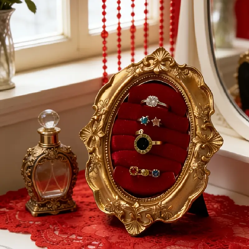 Retro Vintage Victorian Baroque Ornate Velvet Durable Multifunctional Jewelry Display Stand - Carved Classic Frame, Soft Padding, Glam Ring & Earring Holder, Beauty Tabletop Organizer, Photography Prop