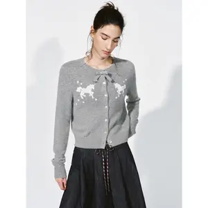 URBAN REVIVO 2026 Spring New Women's Knit Cardigan - Short-Sleeve, Cropped, Rabbit Jacquard, Bow-Knot, Casual Fit, Multi-Size Options, Knitting Fabric Clothes, Collarless, Knotted