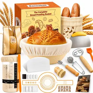 Bread Baking Supplies – 9" Round & 10" Oval Banneton Basket Set with Bread Lame, Danish Whisk, Scrapers, Linen Liners – Complete Bread Proofing Kit for Home Bakers, Gift Idea