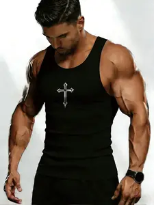 Men's Ribbed Compression Vest, Slim Fit Design, High Stretch Breathable Fabric, Sports Fitness Vest, Fitness Workout Vest for Gym Training & Casual Outings, Workout Gym Clothing