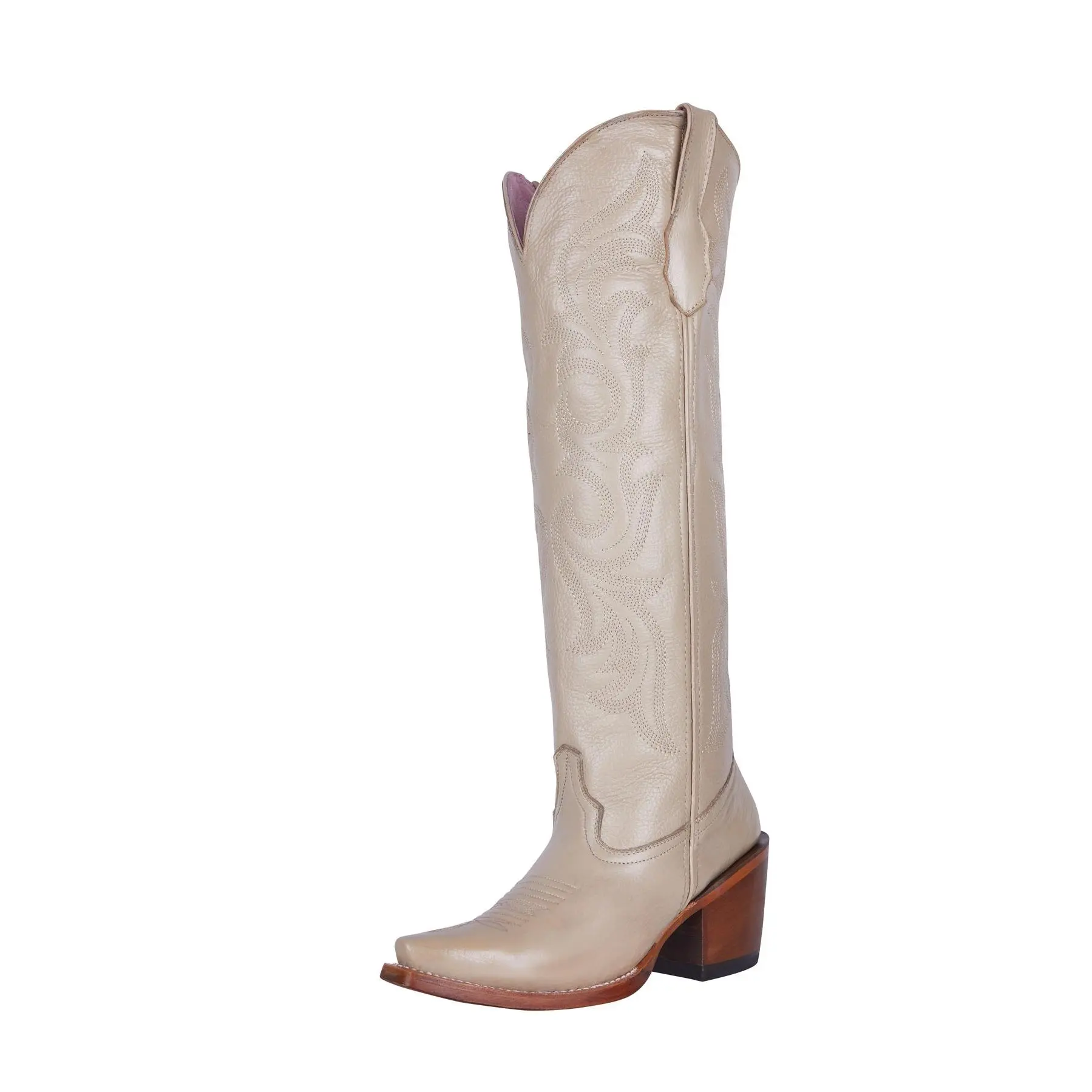 Women's Knee-High Cowgirl Boots in Bone Ivory Smooth Leather with Floral Embroidery - Handcrafted Western Bridal Boots with Wood Tone Block Heel, Western Elegance, Bridal Wear, Cowgirl Fashion, Lavender Lin., Pull On, Stacked Heel, Wedding, Cowboy Aesthet