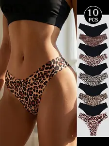 10-Pack Women's Seamless Low-Waist Underwear, & Leopard Print, Quick-Dry Breathable Blend, Yoga Fitness Dance Essentials
