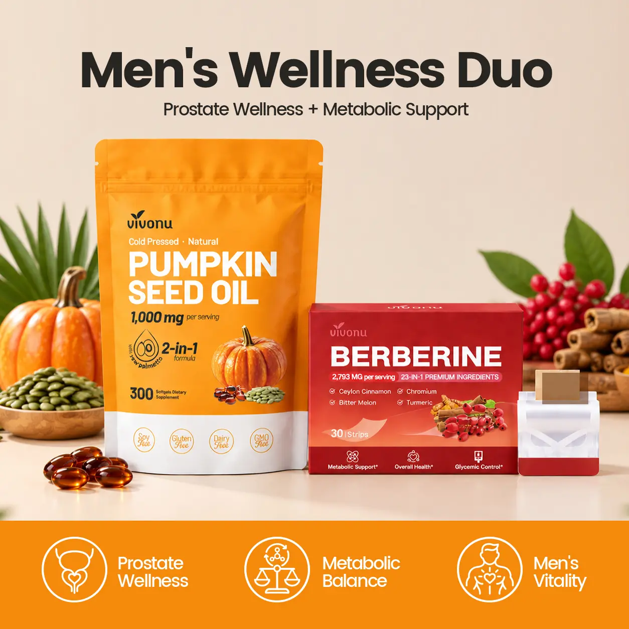 Men's Health Supplement Bundle – Pumpkin Seed Oil with Saw Palmetto + Berberine Formula | Prostate Wellness & Metabolism Support | Daily Men's Wellness
