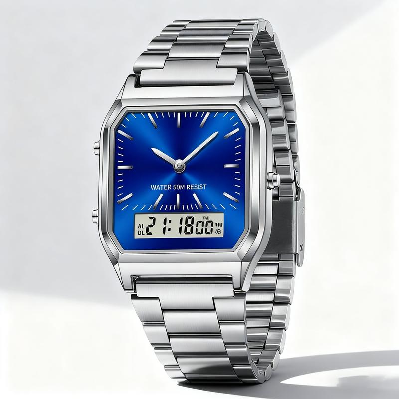 Stainless Steel Digital Sports Watch With Led Dual Display Unisex Water Resistant Quartz Wristwatch