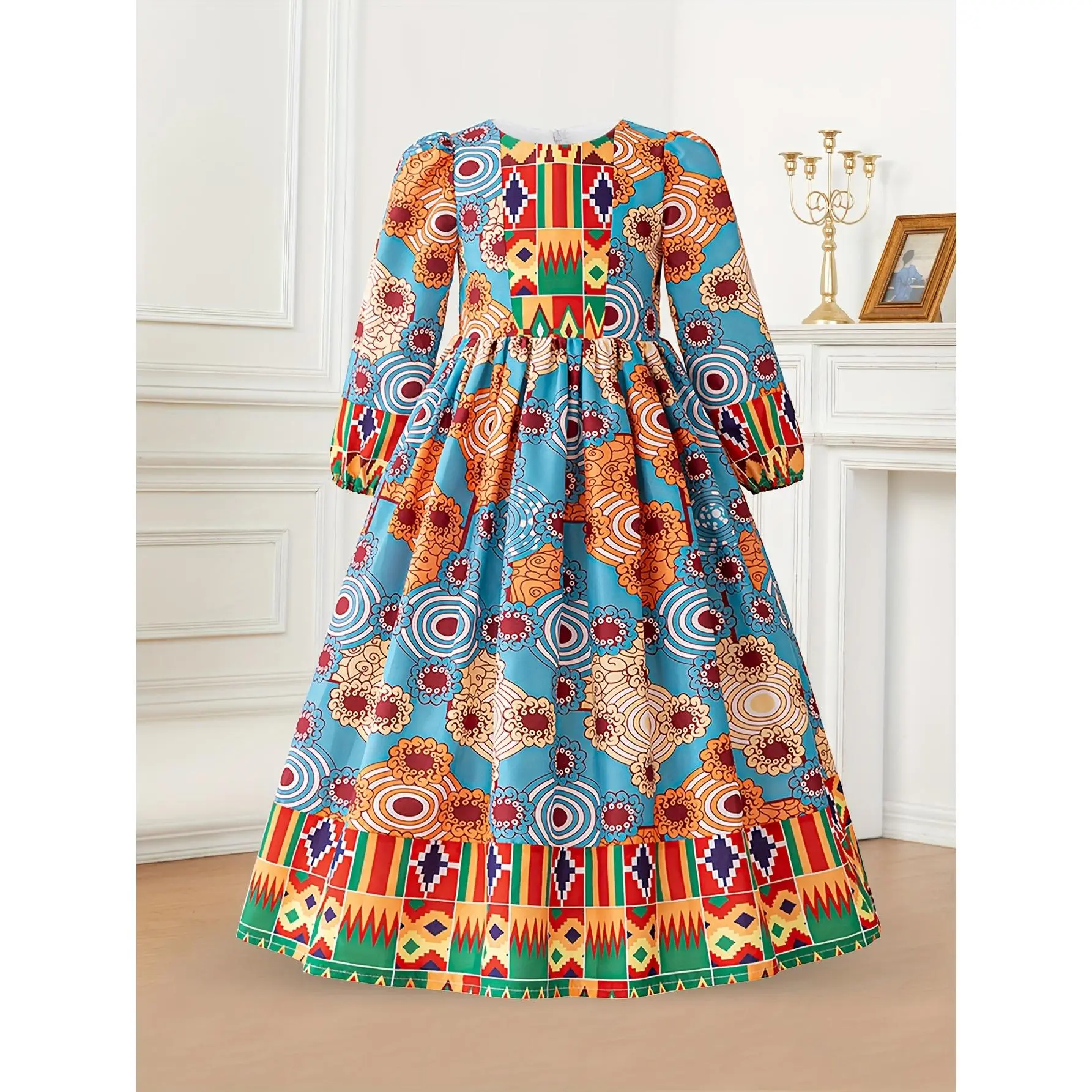 Boho Floral Print Long Sleeve Dress with Belt for Children, Polyester Crew Neck Abaya, Non-Stretch Woven Fabric, Regular Fit, with Belt for Festive Performances and Special Occasions, Suitable for Ages 12 and Under