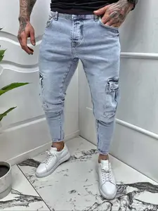 Men's Solid Color Pocket Design Denim Jeans, Light Wash Jeans, Casual Comfy Jeans for Daily Wear, Jeans for Men, Fashion Streetwear Men's Bottoms for All Seasons, Stretchy Pocket Jeans