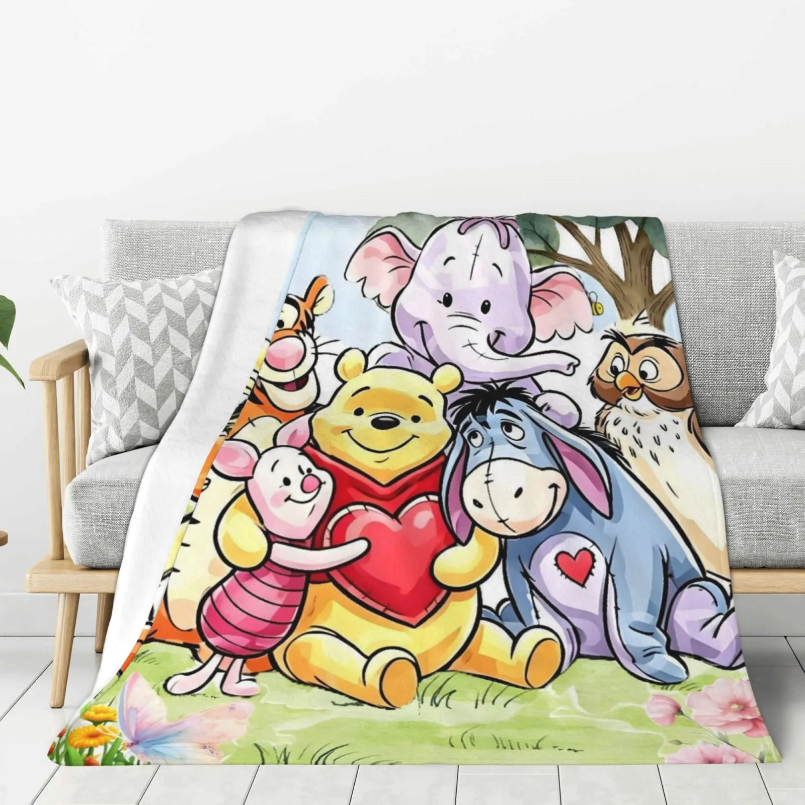 Disney Winnie the Pooh Flannel Fleece Blanket, Pooh Bear Tigger Eeyore Piglet Cartoon Throw, Soft Cozy Lightweight Blanket for Bed Couch Gift