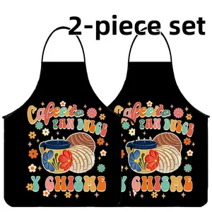Cafecito Print Mother's Day Gift Apron Set,2-piece Set Polyester Apron for Women,Spanish Word Aprons,Funny Mexican Style Cooking Apron, Kitchen Essential,Cleaning Tool,Nails Design Tool,World Cup
