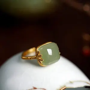 PANJBJ 925 Sterling Silver Hotan Jade Geometric Ring for Women Girl Adjustable Retro Delicate Jewelry Birthday Gift Dropshipping