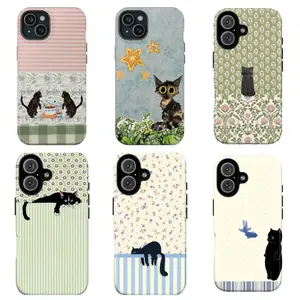 Vintage Black Cat Phone Case Retro Floral Illustration Style Phone Case Compatible for  iPhone 17 16 15 14 13 12 and for Samsung S23-S25 Perfect Gift For Cute Women Man
