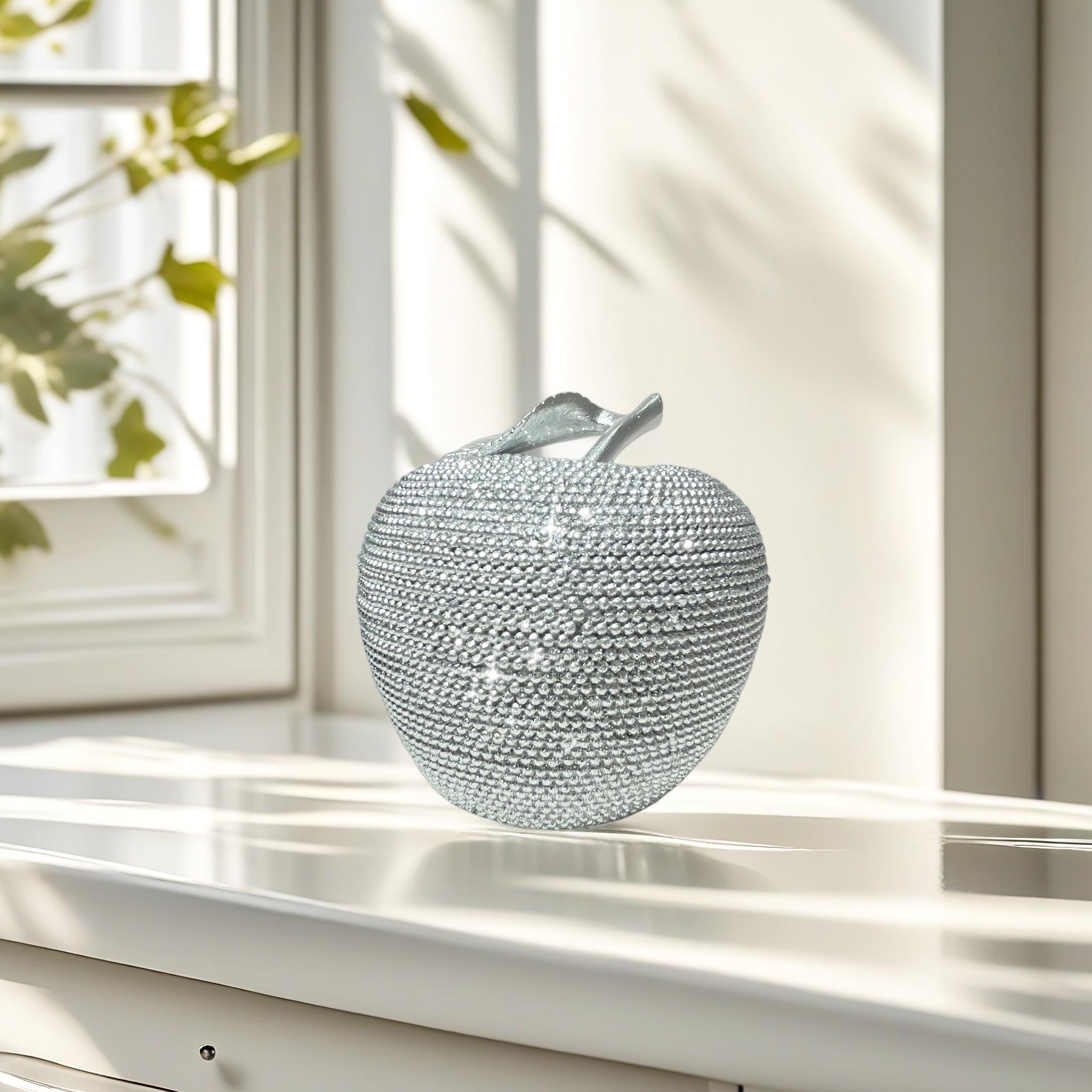 Luxury Silver Beaded Apple Decor | Bling Beaded Fruit Statue for Glam Home Office & Wedding Tabletop