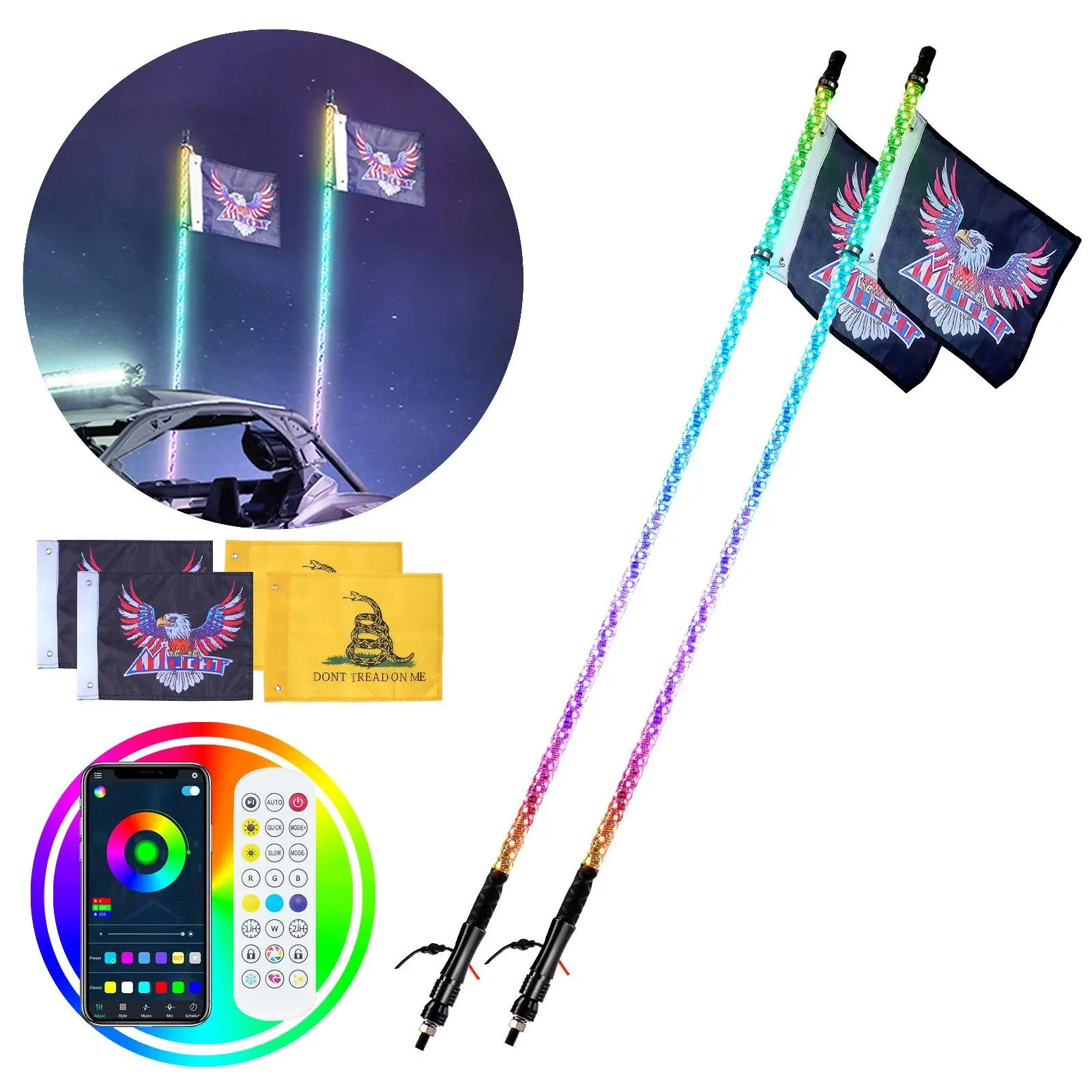 VEVOR 2 PCS 4 FT APP & RF Remote Control Waterproof 360° Spiral RGB Chasing Lighted Whips with 4 Flags, for UTVs, ATVs, Motorcycles, RZR, Can-am, Tru