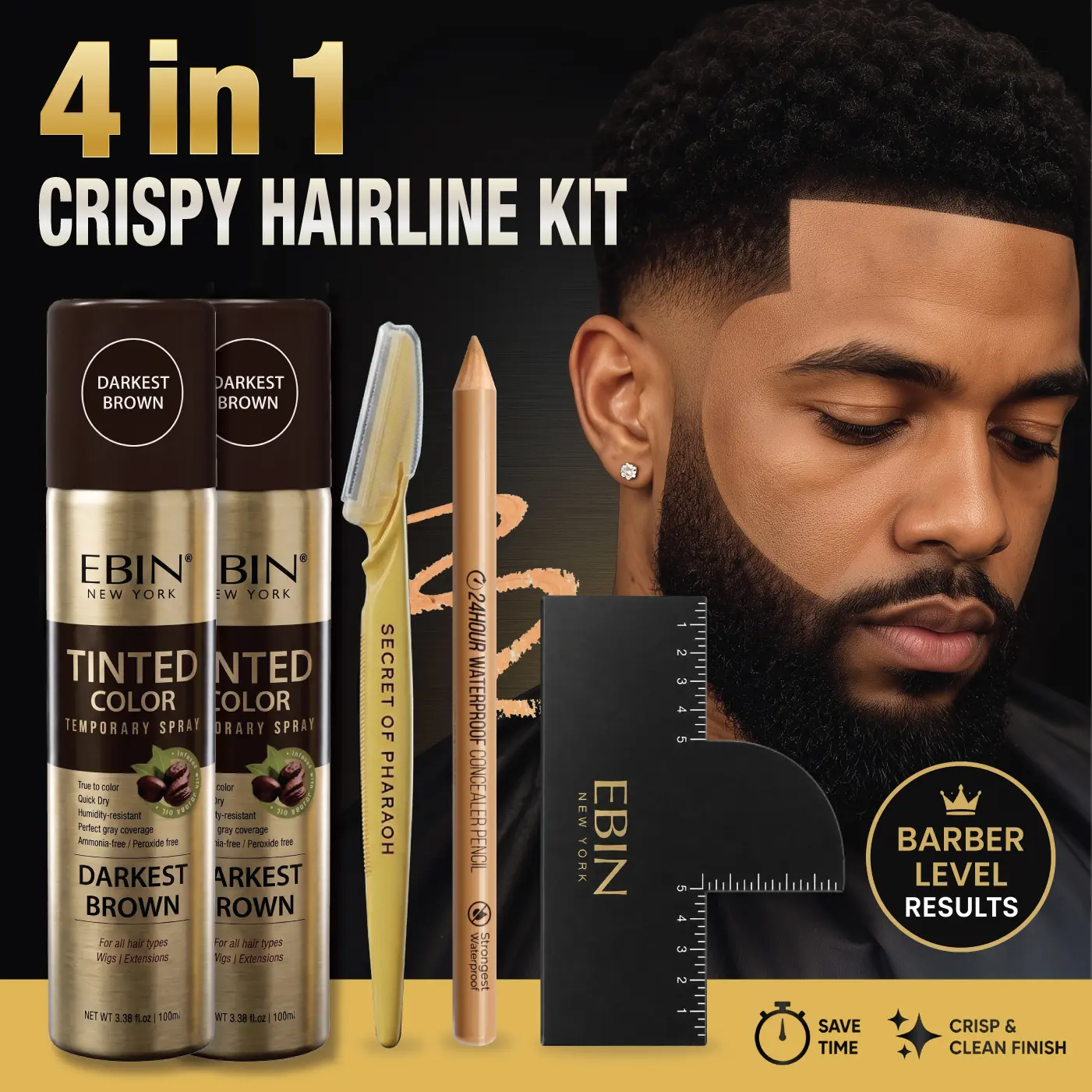 Men's Tinted Aerosol 4-In-1 Temporary Hairline Enhancement Spray Kit - Daily Haircare Set with Free Enhancement Card, Precision Razor, Sweatproof Pencil for At-Home Professional Crisp Lineup (Darkest Brown)