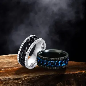 Stainless Steel Blue & Black Cuban link Chain - Spinning Rings Comfort Fit 8mm, Gear Edge Thumb Spinning Men/Women Ring