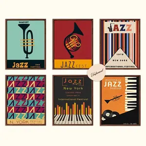2D Flat 6 Piece Unframed 8x10 Inch Retro Jazz Music Festival Wall Art Poster, Vintage Instruments, Living Room, Gift for Music Lovers