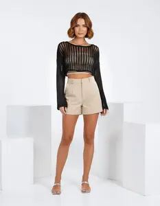 misslulupop Mesh Long-Sleeve Crop Top - Chic Sheer Breathable Summer Top for Casual & Festival Outfits with Relaxed Fit and Cropped Length