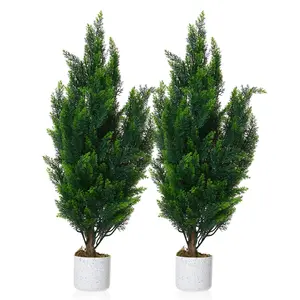 2 Pack 3 FT Artificial Cedar Topiary Trees Outdoor - UV Resistant Fake Potted Plants for Porch, Patio, Wedding Decor - Realistic Low Maintenance Faux Evergreen Shrubs with Weighted Base
