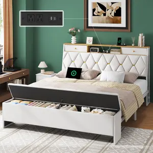 TryLazy Storage Bench Bed Frame with Charging Station and Ottoman Storage, Metal Platform Bed with Storage Headboard, Luxury Leather Headboard, Heavy-Duty Slats, No Box Spring Needed, Easy Assembly