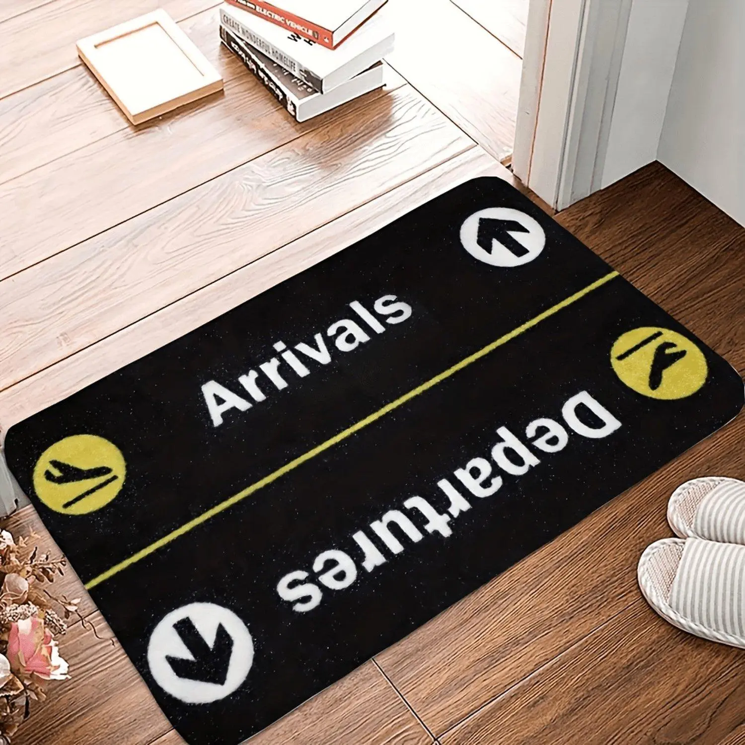 Flannel floor mat Airport Arrivals Departures Airplane Pattern Entrance Rug Carpet Non slip Soft Decorative Floor Covering for Home Office Bedroom Use