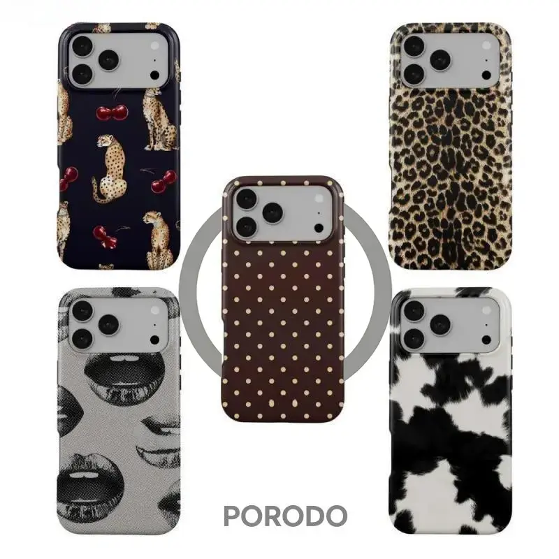 Aesthetic Animal Print Magnetic Durable Smartphone Case - Chic Cheetah-Cherry, Leopard, Brown Polka Dots, Artistic Lips, Cow Designs - Protective Cover for iPhone 17/16/15/14/13/12/11 Pro Max - Girls' Mobile Phone Accessories
